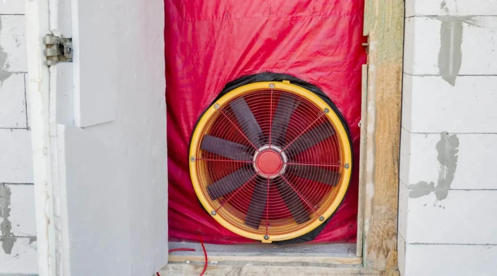 Air tightness testing in progress: A blower door fan system installed in a new-build property to measure air permeability for Building Regulations Part L by GC Reports
