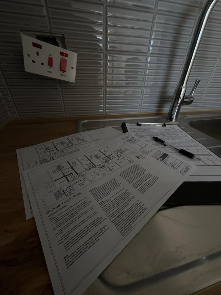 Architectural floor plans and sound testing site notes prepared for a Sound Insulation Test in Wigan. GC Reports providing professional building compliance services and on-site testing for residential developments