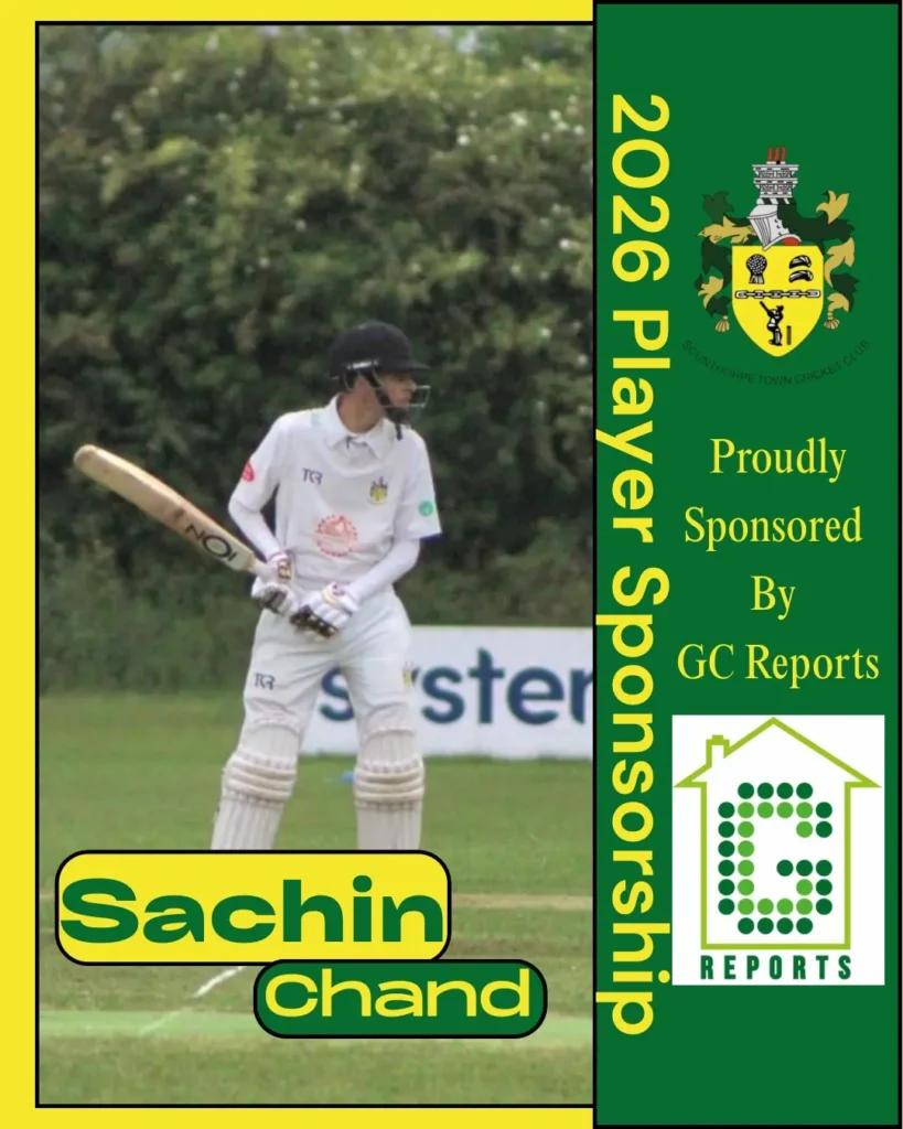 GC Reports 2026 player sponsorship for Sachin Chand of Scunthorpe Town Cricket Club. This graphic highlights GC Reports' commitment to supporting local sporting talent and the community.
