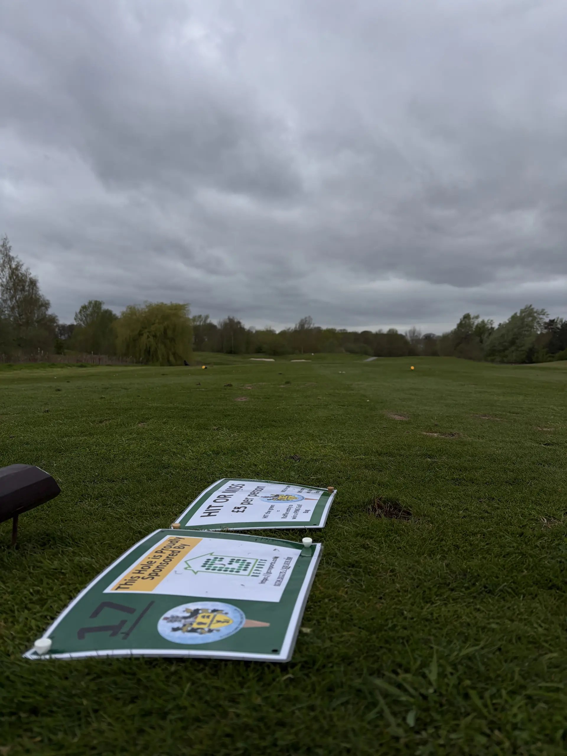 GC Reports sponsorship sign at the Scunthorpe Town Cricket Club Golf Day. The photo shows the 17th hole at Thonock Park, where GC Reports hosted a 'hit or miss' charity competition to support local community sports.